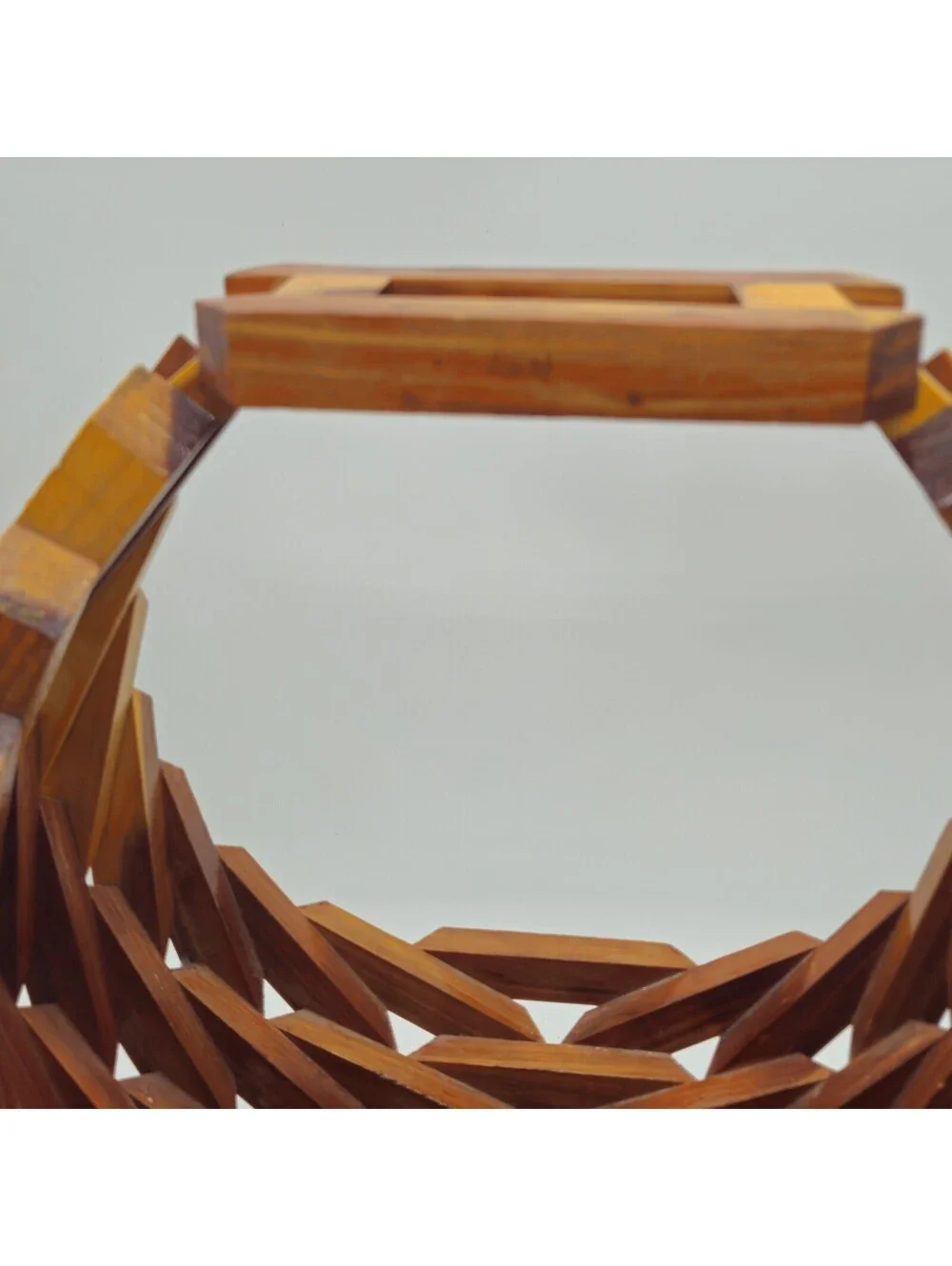 Vintage Handcrafted Geometric Wooden Basket 15x13x9